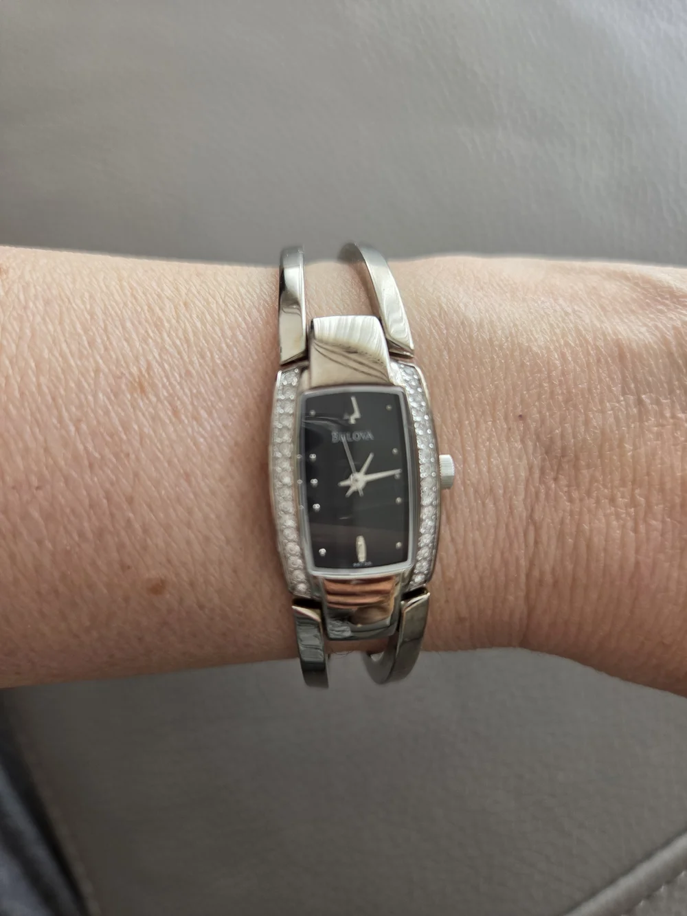 Bulova Silver-Tone Bracelet Watch with Black Dial and Crystal Accents